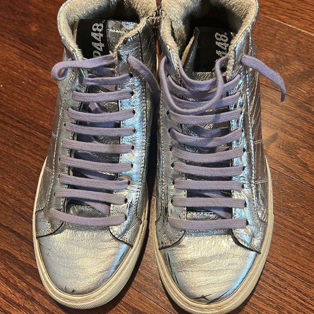 High top Silver Zebra P448s with Purple Laces